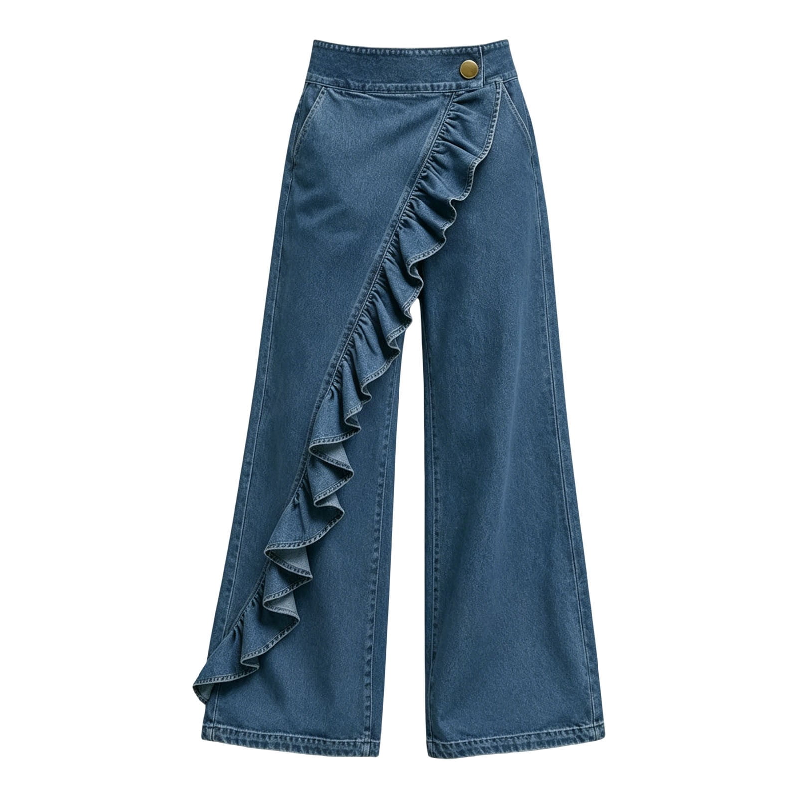 WCJM Women's High Waisted Wrap Waist Denim Look Pants Asymmetrical
