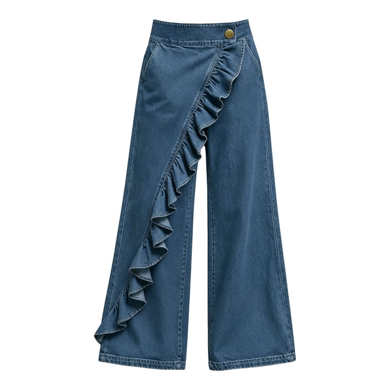 WCJM Women's High Waisted Wrap Waist Denim Look Pants Asymmetrical