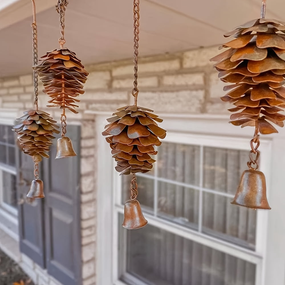 2 Pcs Pine Cone Wind Chimes Outdoor Hanging Decor, Rustic Metal Pinecone Chime with Bells for Garden Patio Porch Decoration, Decorative Wind Chime Ornament for Spring Home Yard Balcony Gift