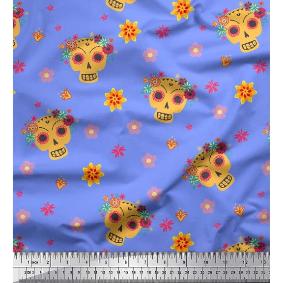 Soimoi Blue Cotton Voile Fabric Floral & Tribal Skull Printed Craft Fabric by the Yard 42 Inch Wide
