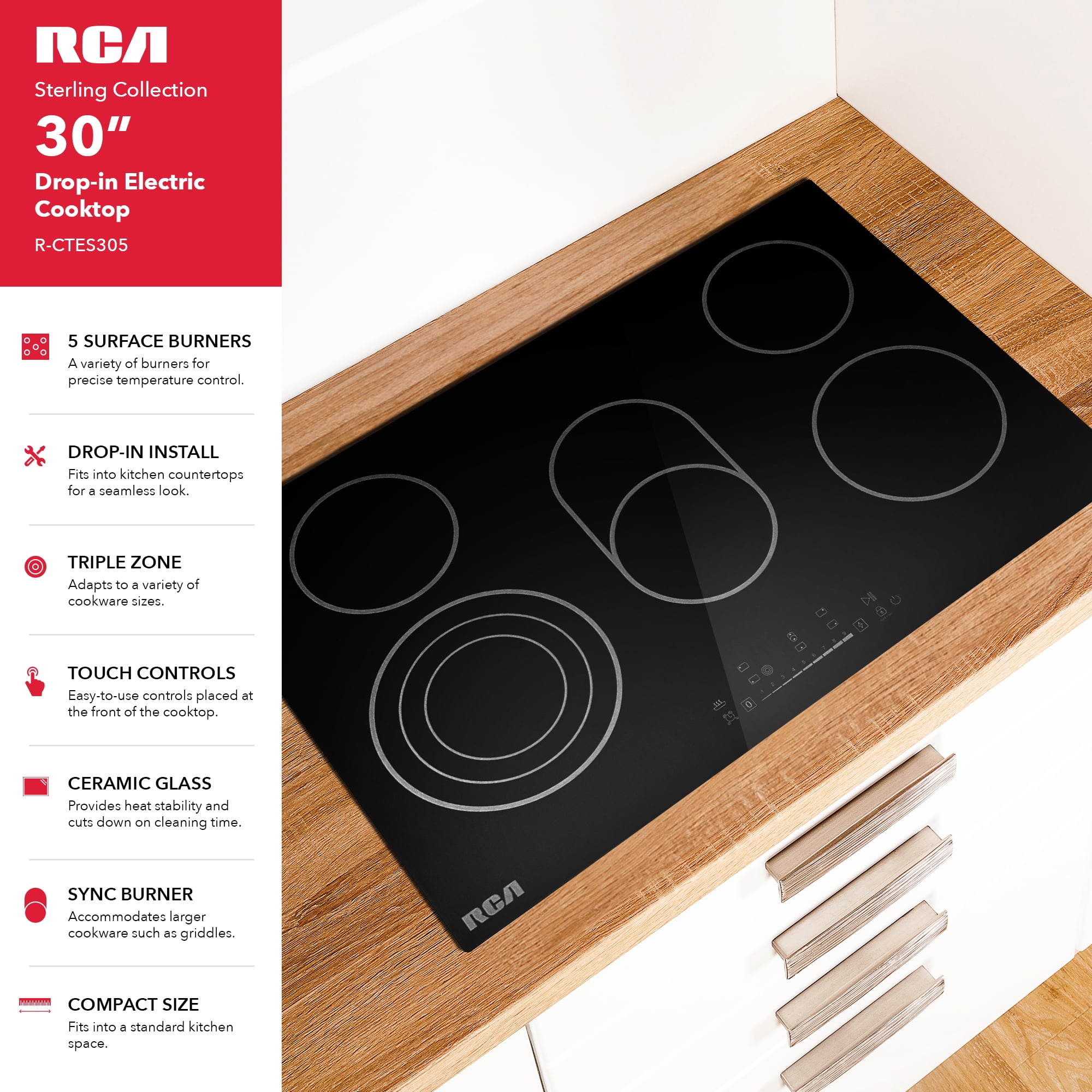 30 in. Sterling Collection Drop-In Electric Ceramic Glass Cooktop, 5 Burners, Triple Zone Element, Sync Burner, Black