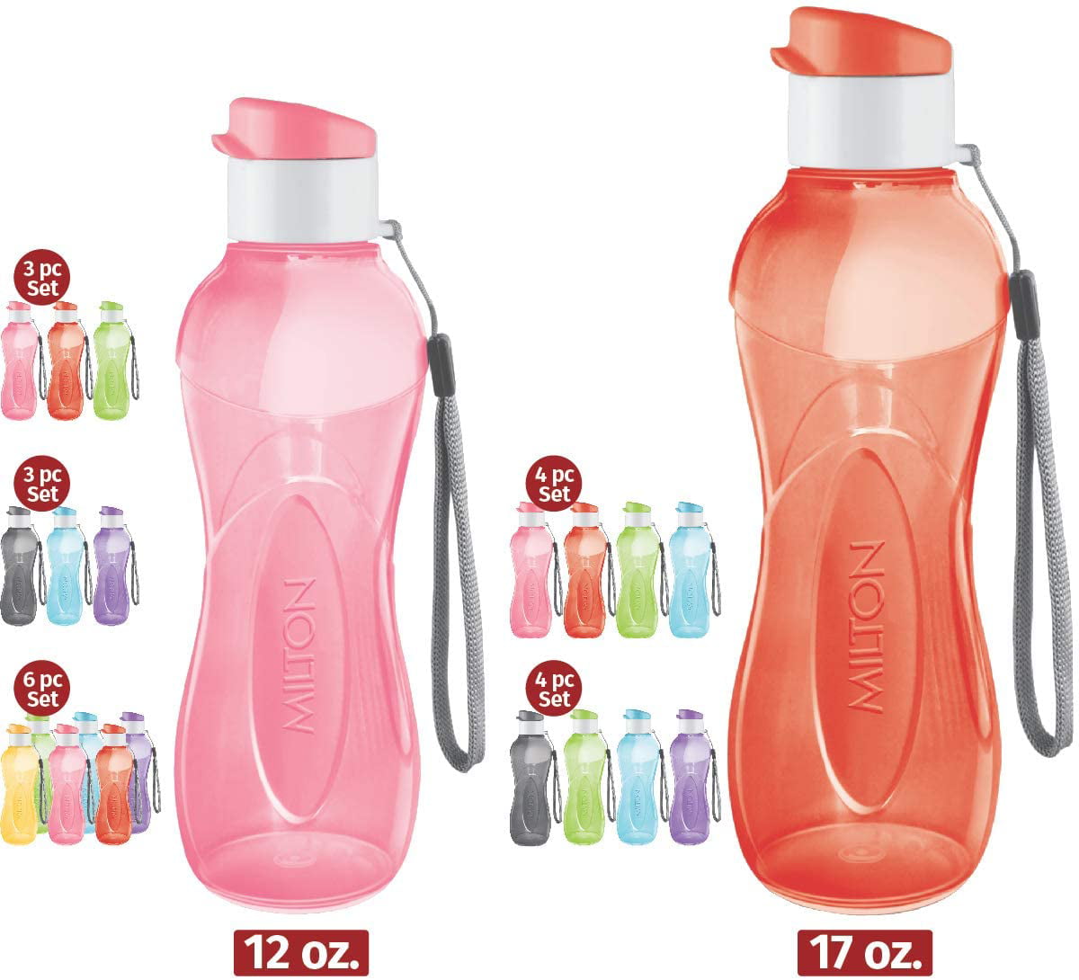 Milton 6-Pc Reusable Water Bottles Bulk Pack 12 oz Plastic Bottles with Caps, Pink, Size: 12oz