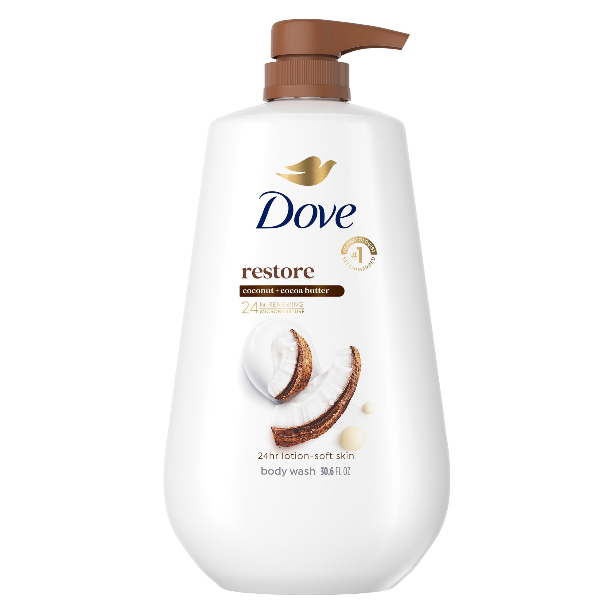 Dove Body Wash With Pump For 24hr Lotion-Soft Skin Restore Coconut & Cocoa Butter Moisturizing Skin Cleanser With No Sulfates No Parabens ,30.6 fl oz