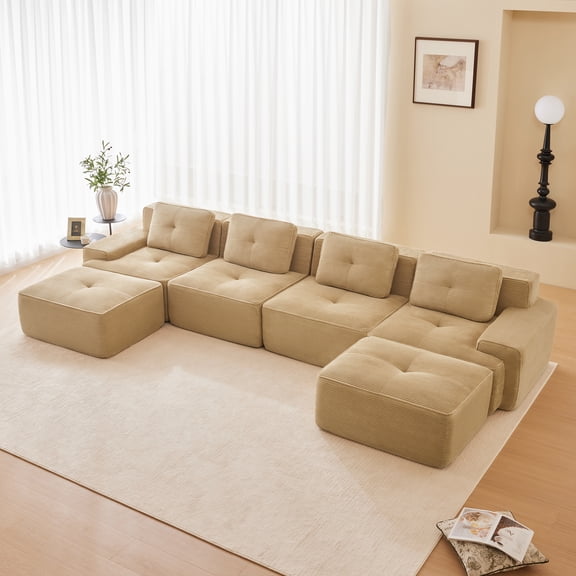 LiviNest Modular Sectional Sofa for Family Living Room: 153" U-Shaped 4  Seat Couch - No Assembly Required with 2 Movable Ottomans & Deep Seating - Corduroy Fabric Tufted Design for Large Space & Gat