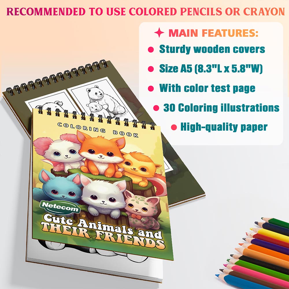 Netecom Cute Animals and Their Friends Coloring Book Spiral Bound for Adutls, A5 Wooden Cover, 30 Adorable Critters Coloring Pages of Furry Pals for Stress Relief and Relaxation