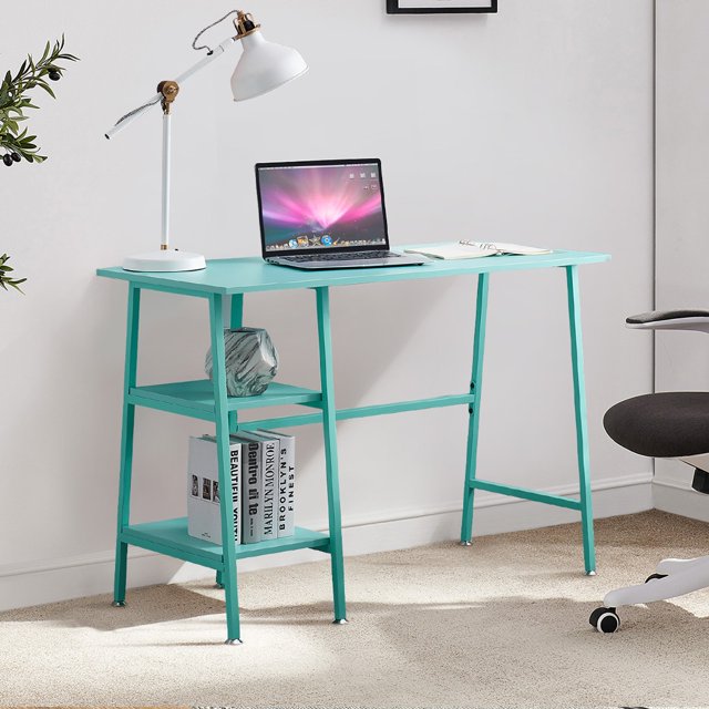 VECELO 43" Computer Desk with 2 Tier Storage Shelf, Study Writing Workstation for Home Office, Blue