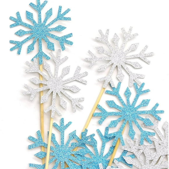Frozen Cake Toppers, 20 pcs Snowflakes Cupcake Topper, Happy Birthday Cake Topper Set, Silver and Blue Birthday Cake Topper
