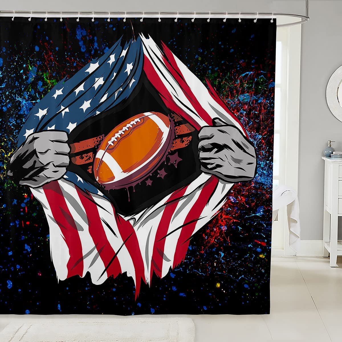 American Flag Bath Curtain Football Sports Theme Bathroom Fabric Shower