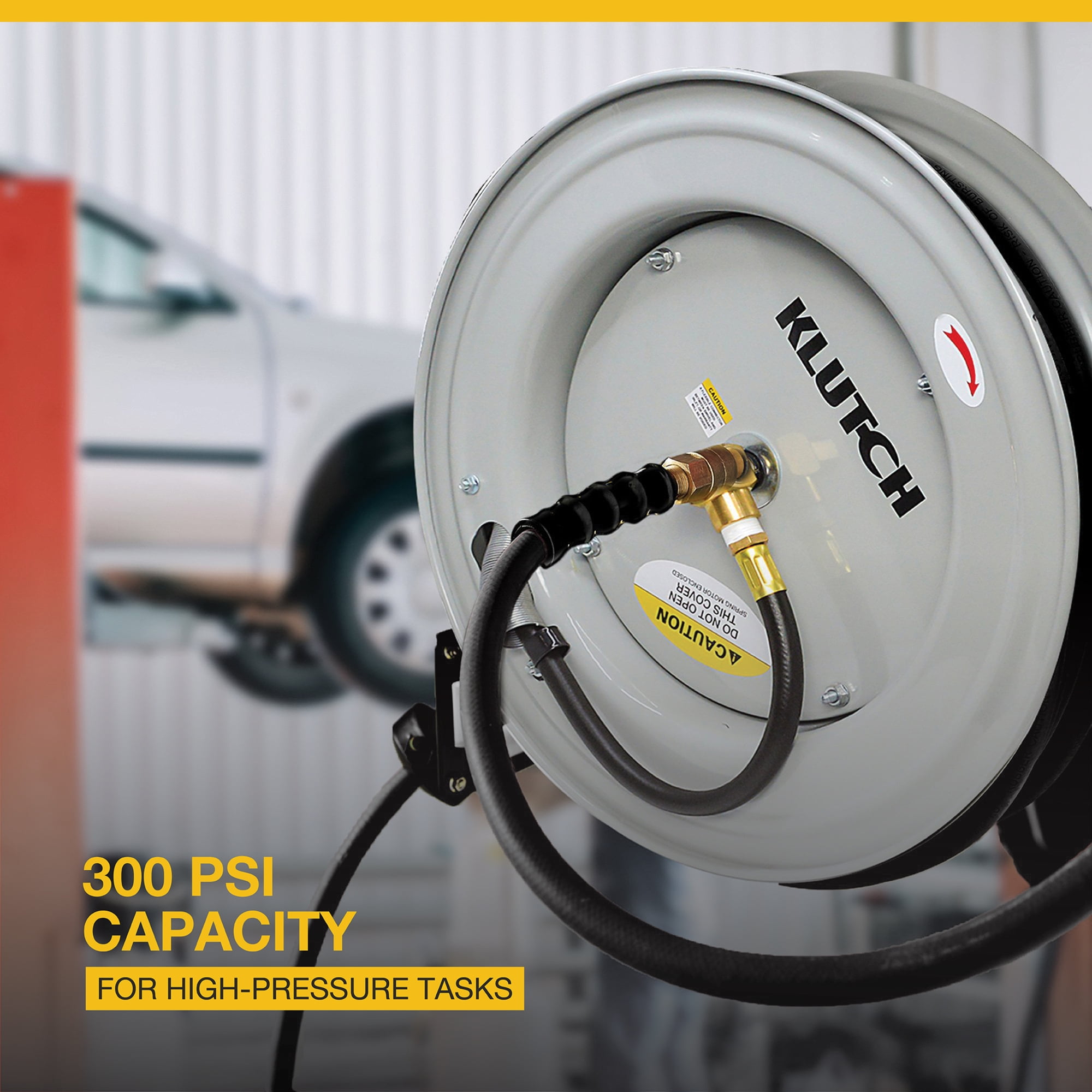 Klutch Auto-Rewind Air Hose Reel with 3/8in. x 75ft. Rubber Hose, 300 PSI