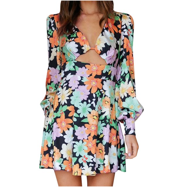 Mini vestido con cuello en V y manga larga con estampado floral informal de moda sexy para mujer Pompotops hdfakjf6565