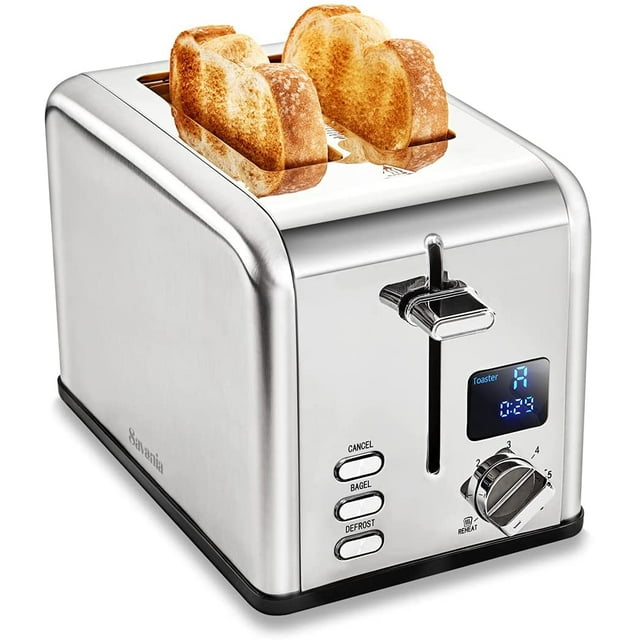 Savania 2-Slice Stainless Steel Bread Toaster, Wide Slot with LCD Display, Control Panels, Bagel/Defrost/Cancel Functions, 6 Setting Shade Dial, Removable Crumb Tray