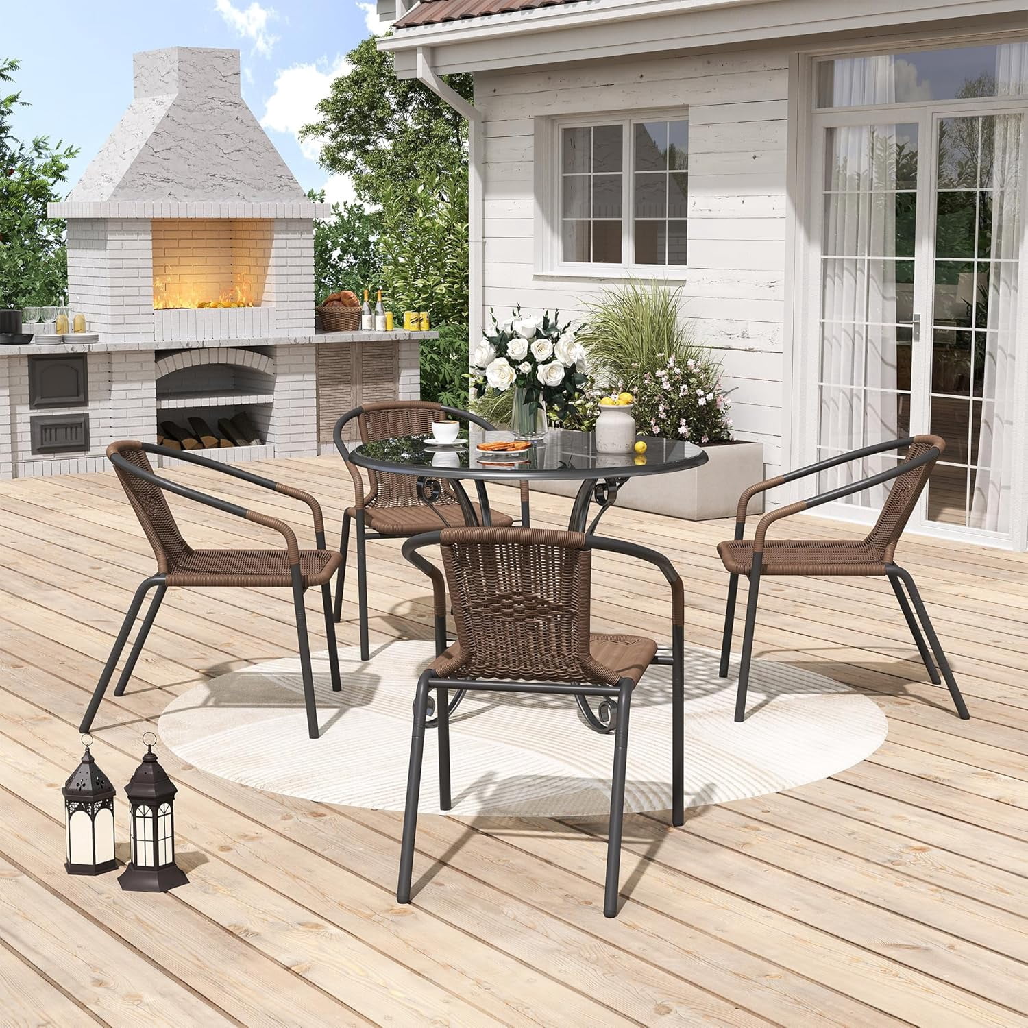 UDPATIO Rattan Outdoor Dining Chairs Set of 6, Wicker Stackable Patio Chairs, for Indoor Restaurant Porch Deck, Brown