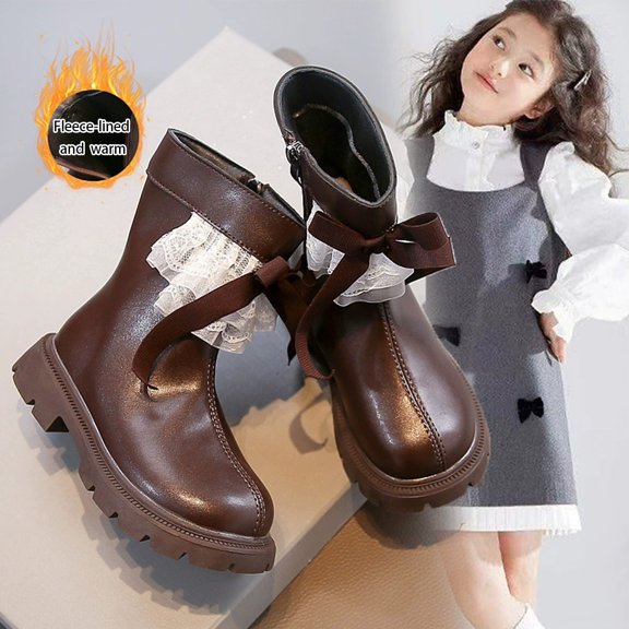MAIHAN-HAKids Lined Non- Stylish Cotton Boots 3-11 Years, Big Kid Cute Bowknot Lace Ankle Boots, Autumn Winter Warm Leather Footwear(Brown,9.5)