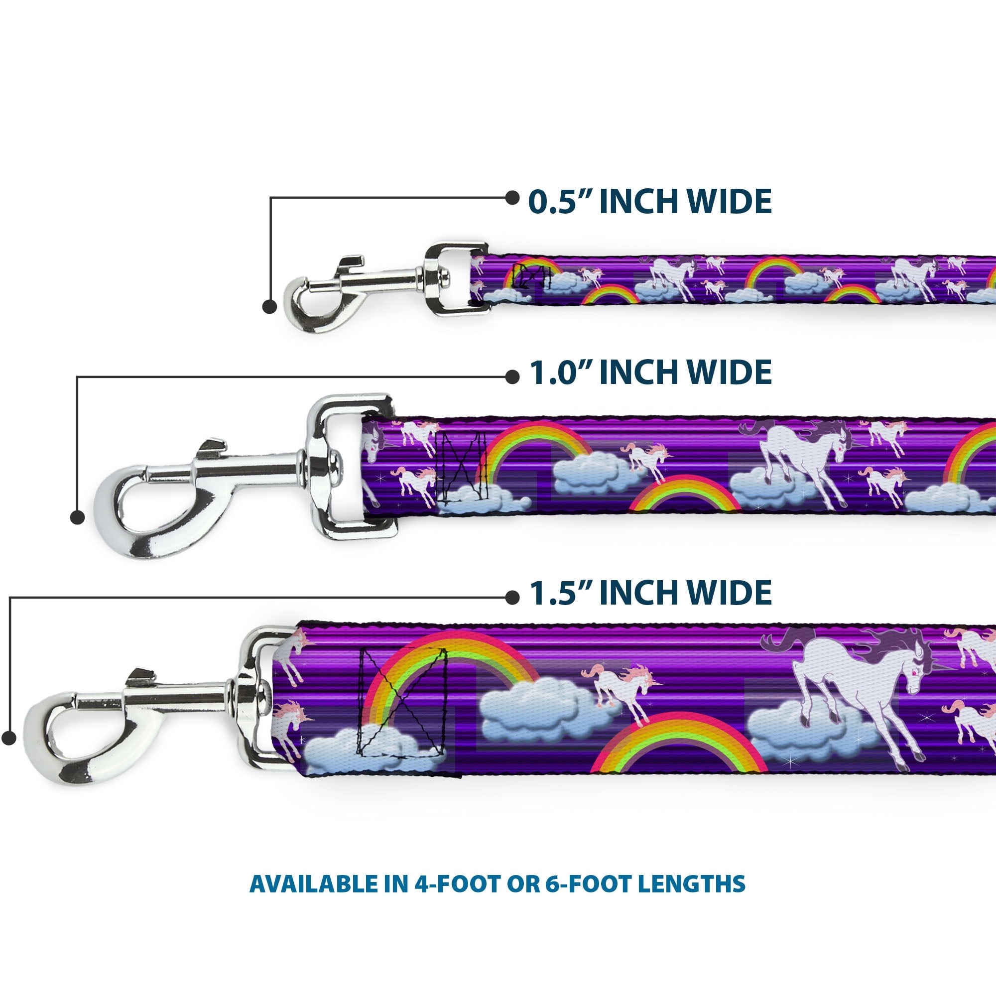Buckle-Down Pet Leash, Dog Leash, Unicorns Rainbows Stripes Purple, 6 Feet Long 1.0 Inch Wide