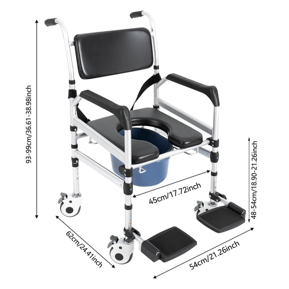 Rolling Commode Shower Chair With Wheels, Transport Wheelchair,Folding Bedside Commode With Wheel,for Inside Bathroom Bedside