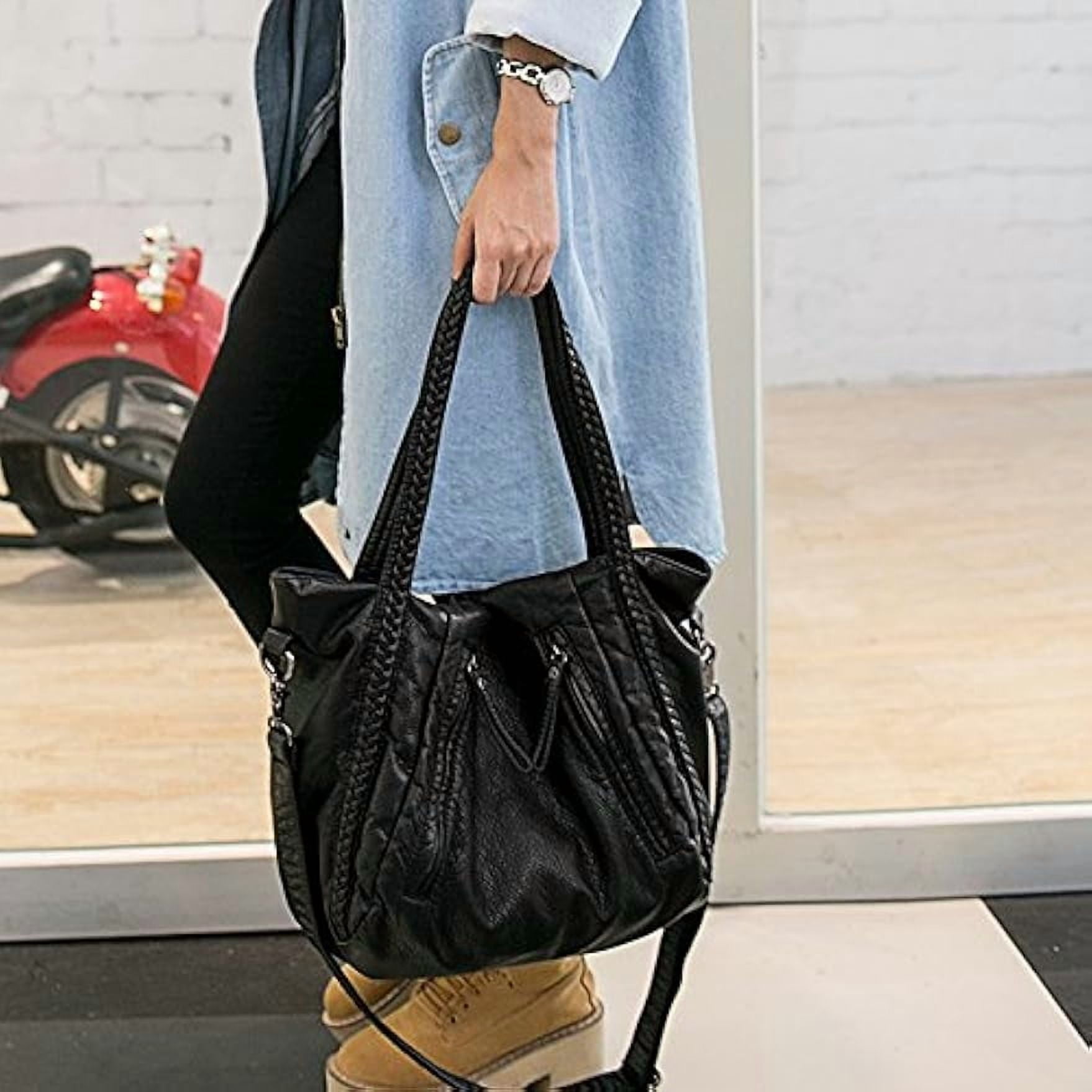 Black Soft Leather Shoulder Purses for Women Large Size Tote Handbags Slouchy Hobo Bags Big Capacity Trendy Shoulder Purse