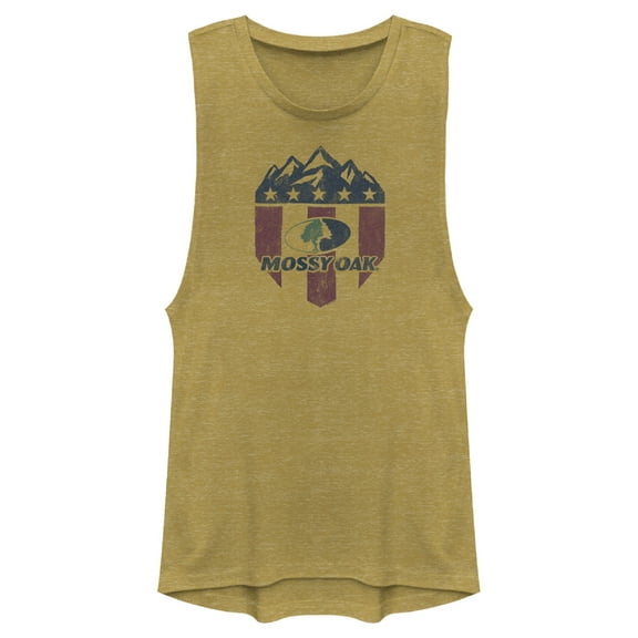 Junior's Mossy Oak American Flag Shield Logo Festival Muscle Graphic Tee Antique Gold X Large