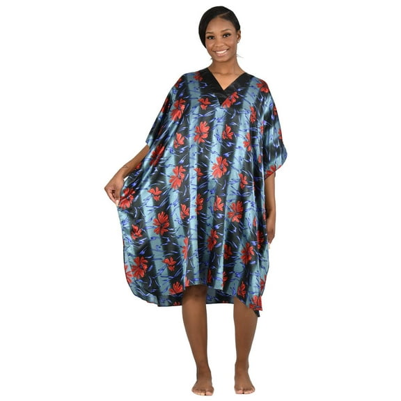 Up2date Fashion's Women's Satin Short Caftan / Kaftan, Coral Lilies Print