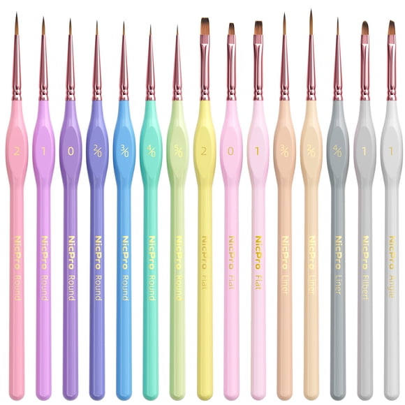 Nicpro Ensemble de 15 Pinceaux de Détail Micro-Fins, Kit de Pinceaux de Détail Miniatures à Petite Pointe Fine Macaron Pastel pour Aquarelle à l'Huile Acrylique, Artisanat, Modèles,