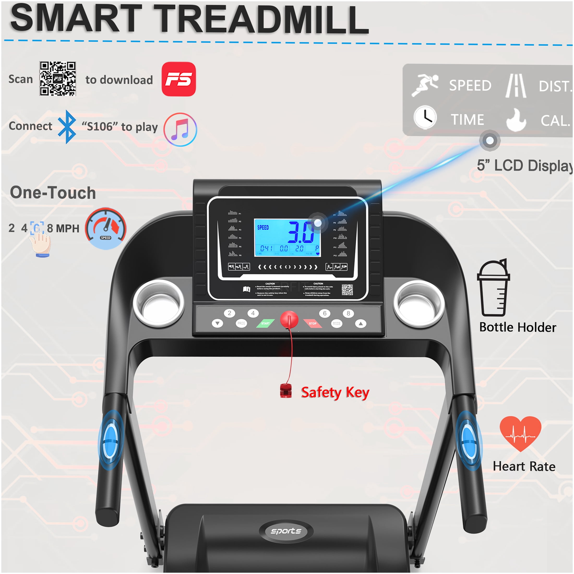 JERFIT Foldable Electric Treadmill with Incline, 2.5HP Motor, 5" LCD Display, Bluetooth, App Control, Compact for Home Cardio Workout, 250LB Capacity