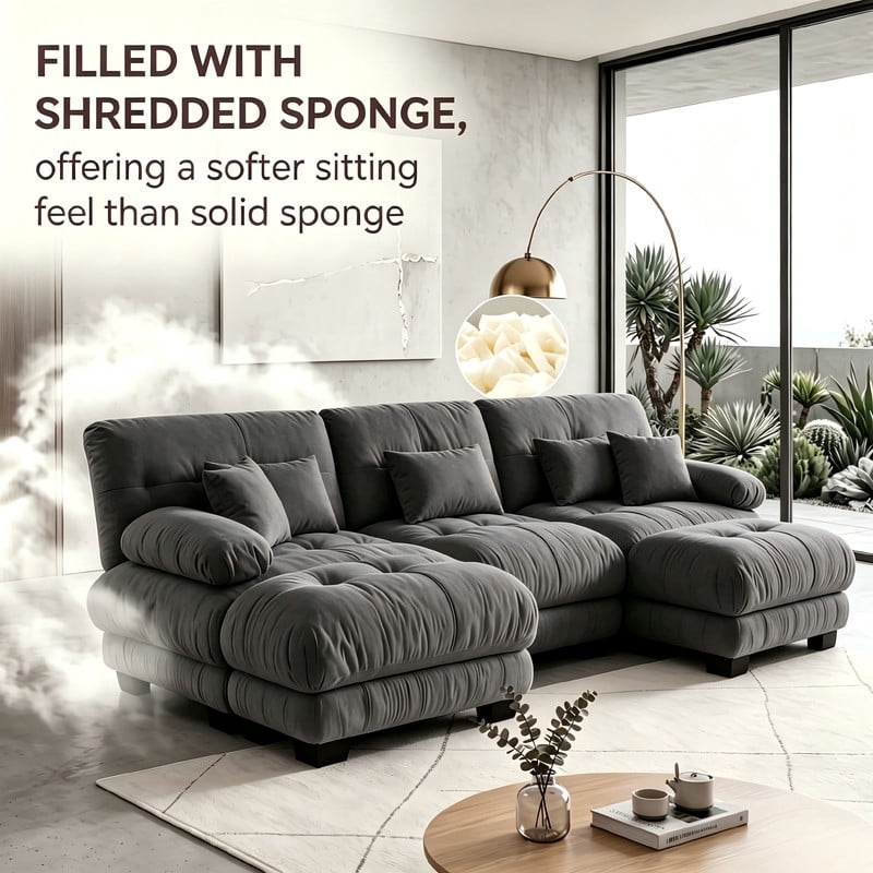 ANPPORT Cloud Couch Sleeper Sofa, Chenille Gray 3-Seater Modular Sofa with 2 Ottomans, 3 Lumbar pillows, 2 Pillows, Comfy Deep Seat Cloud Sofa, Convertible L-Shaped Floor Couch for Living Room