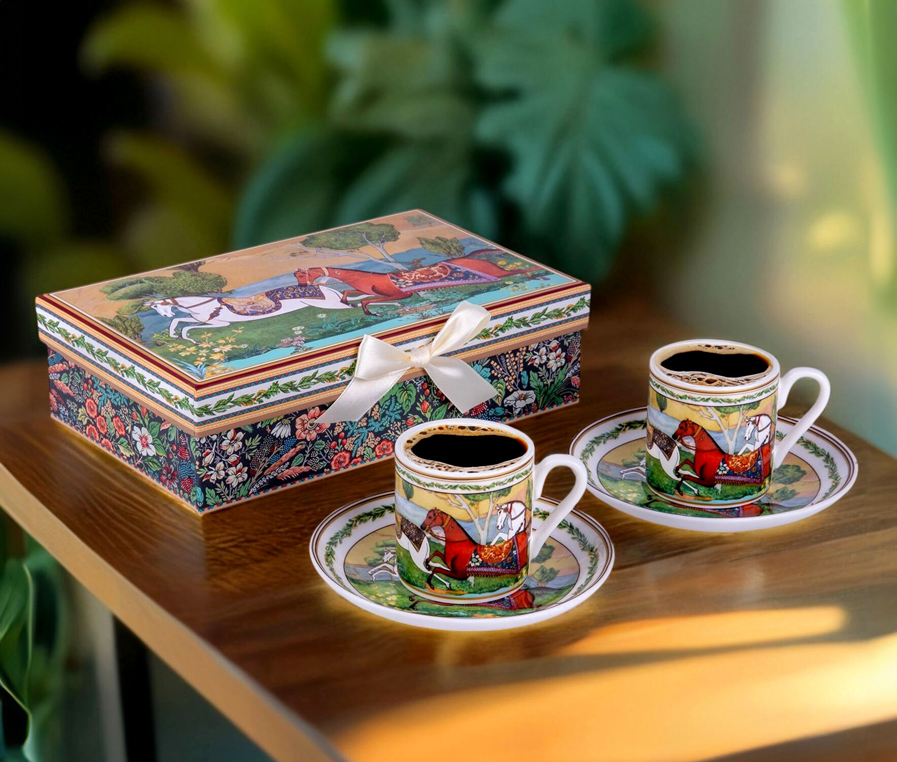 STP GOODS Running Horse Bone China Espresso Coffee Cup and Saucer Set of 4 for 2 in Gift Box 3.38 fl oz (100 ml) Porcelain Coffee Cup Set, White Green Yellow