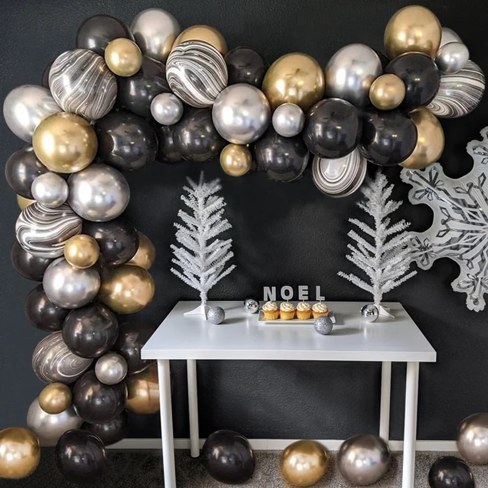 YANSION Black Gold Balloon Arch Kit, Chrome Black Gold and Silver Balloon Garland Arch Kit for Men Women Birthday Party Wedding Halloween, New Year, NYE, Retirement or Graduation Party Decorations