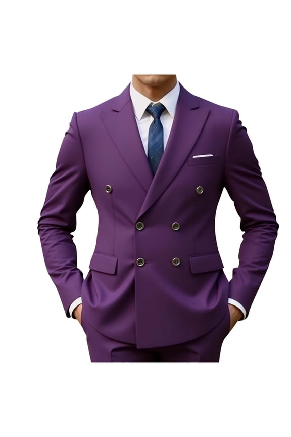 Double-breasted Suit Coat Casual Stylish Jacket Fashion Lapel Pocketed Long Sleeve Mens Outerwear for Wedding Party Daily Wear Formal Events Purple L