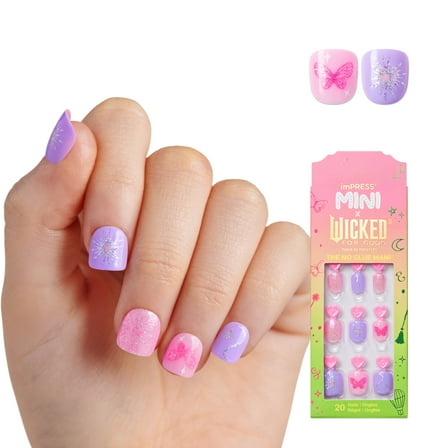 imPRESS MINI X WICKED: FOR GOOD Press On Nails, ‘Good News!’, Pink & Purple, Squoval, 20 Fake Nails