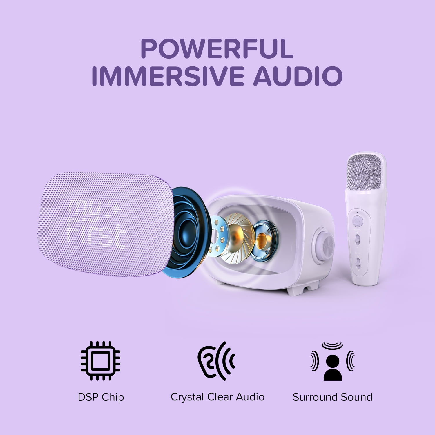 myFirst Voice 2 Kids Karaoke Machine with Portable Bluetooth Speaker, Wireless Microphone & 5 Voice Changers (Purple)