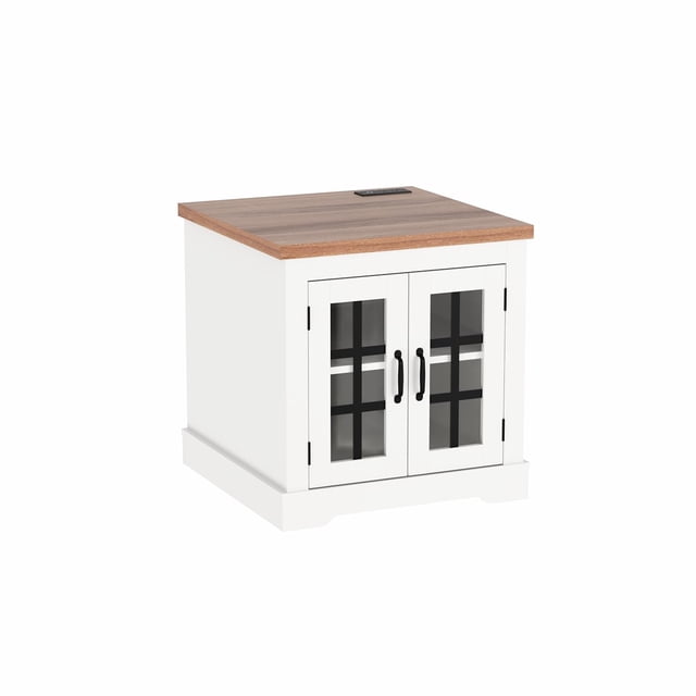 EDTara Storage Buffet Cabinet, Sideboard With Glass Doors, Built-In Outlet, and Walnut Top for Kitchen or Living Room