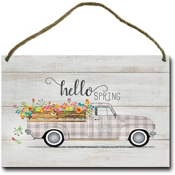 Vintage Truck Rustic Wood Plank Design Hanging Sign - Hello Spring, Kitchen Cafe Pub Decor - 8x12 INCH