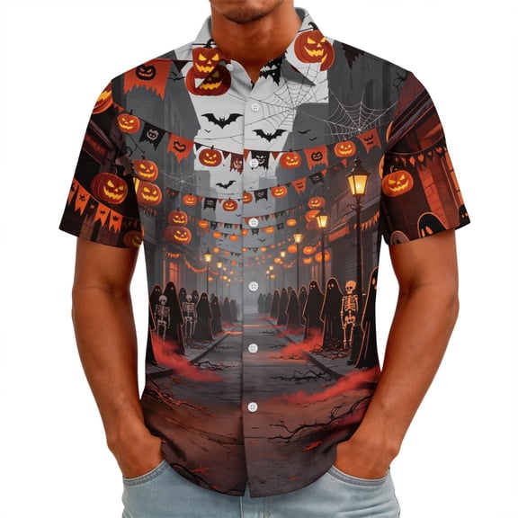 GrmtClth Mens Short Sleeve Button Down Shirt Halloween Season Rust Skull Grain Texture All Over Print Light Casual Party Top Black L