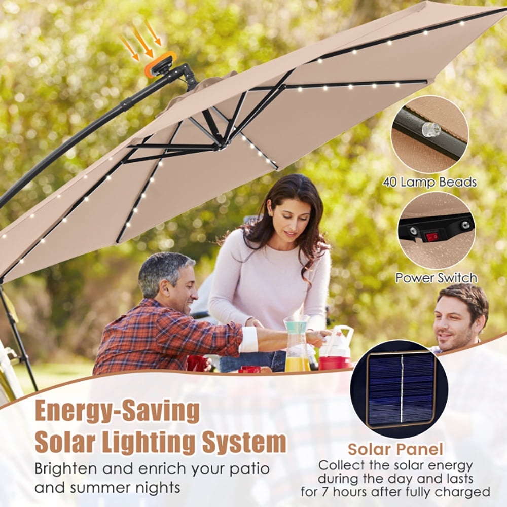 Aimee Lii 10 Feet Solar Offset Hanging Umbrella with 40 Lamp Beads and Solar Panel, Outdoor Umbrellas for Patio, Tan Aimee Lii 10 Feet Solar Offset Hanging Umbrella with 40 Lamp Beads and Solar Panel, Outdoor Umbrellas for Patio, Tan