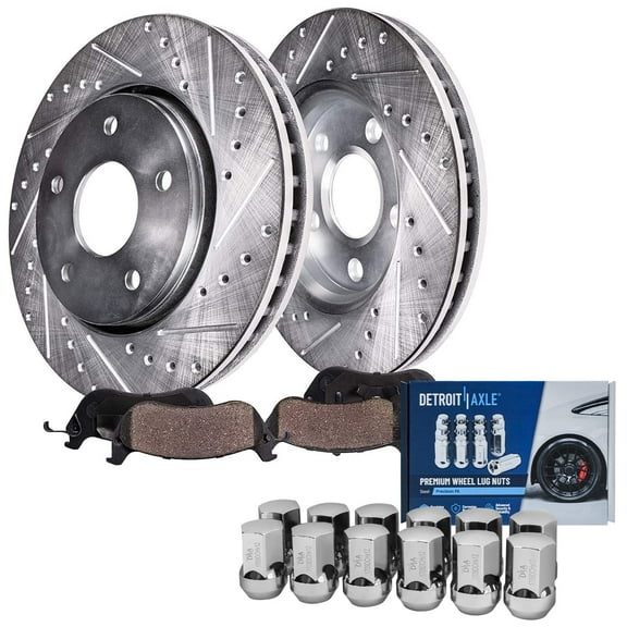 Detroit Axle - Front Drilled & Slotted Rotors Brake Pads w/12pc Wheel Lug Nuts Replacement for 2012-2018 Ram 1500 5-Lugs