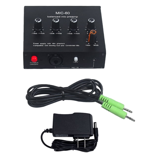 Methold Megáfono de audio musical negro MIC-60 con rango de ajuste de graves de rango medio agudo de 48 V ± 15 dB de alto Sistemas de cine en casa Cable de 3.5 mm + enchufe estadounidense 110V