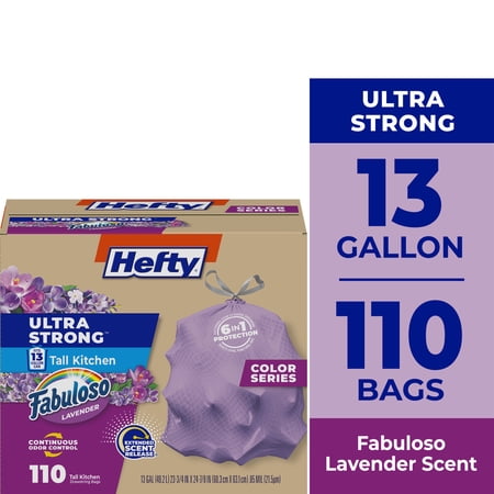 Hefty Ultra Strong 13 Gallon Trash Bags, Tall Kitchen Trash Bags, Purple, Fabuloso Scent, 110 Bags