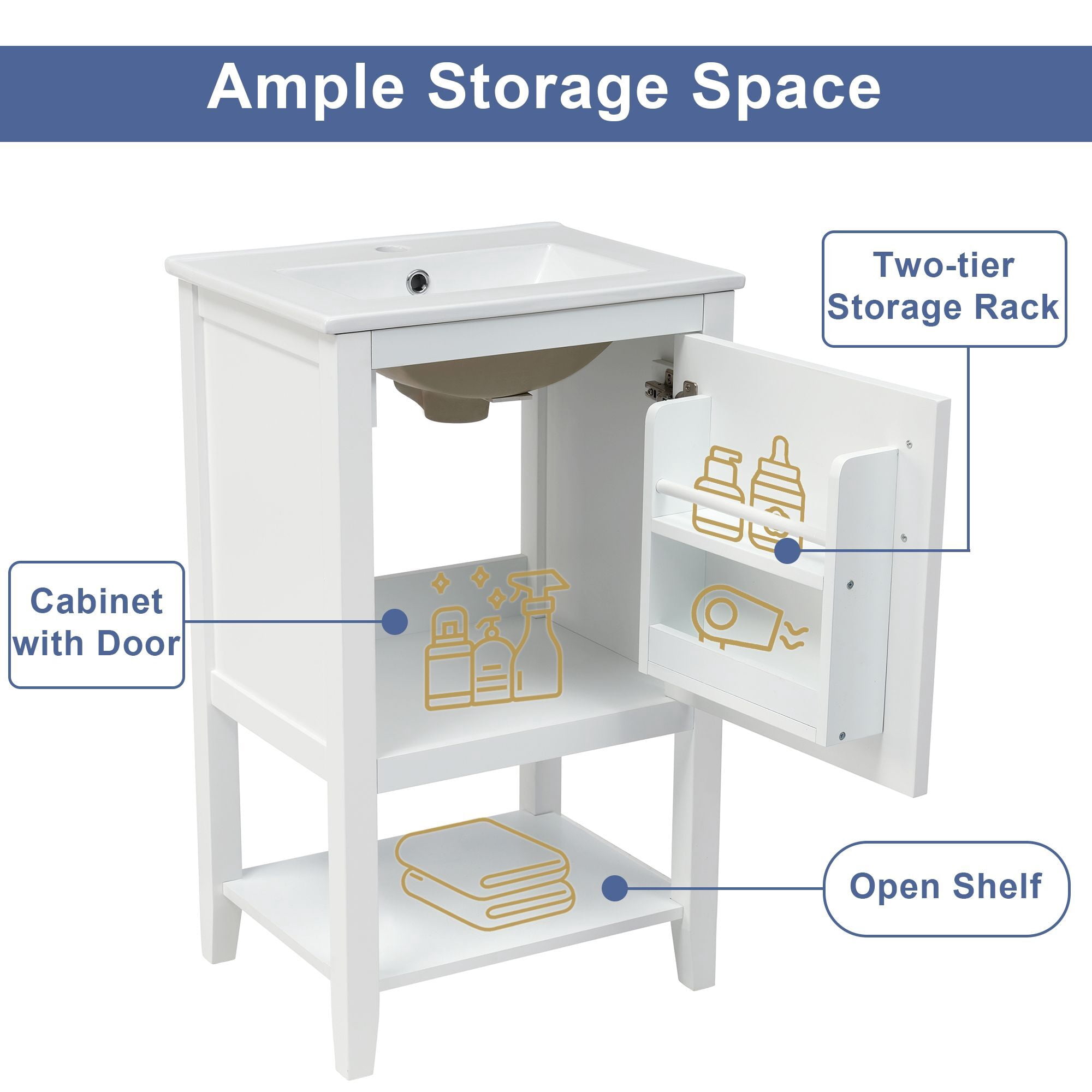 DEALTOPS Bathroom Vanity with Sink, Bathroom Vanity Cabinet with Open Shelf for Small Spaces, White