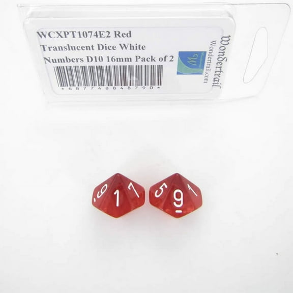 Red Translucent Dice with White Numbers D10 Aprox 16mm (5/8in) Pack of 2 Wondertrail