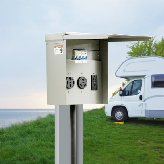Portable RV Power Distribution Panel, 125V/250V, 20A/30A/50A Receptacles, NEMA 14-50R & TT-30R, GFCI, UL Certified for Campers