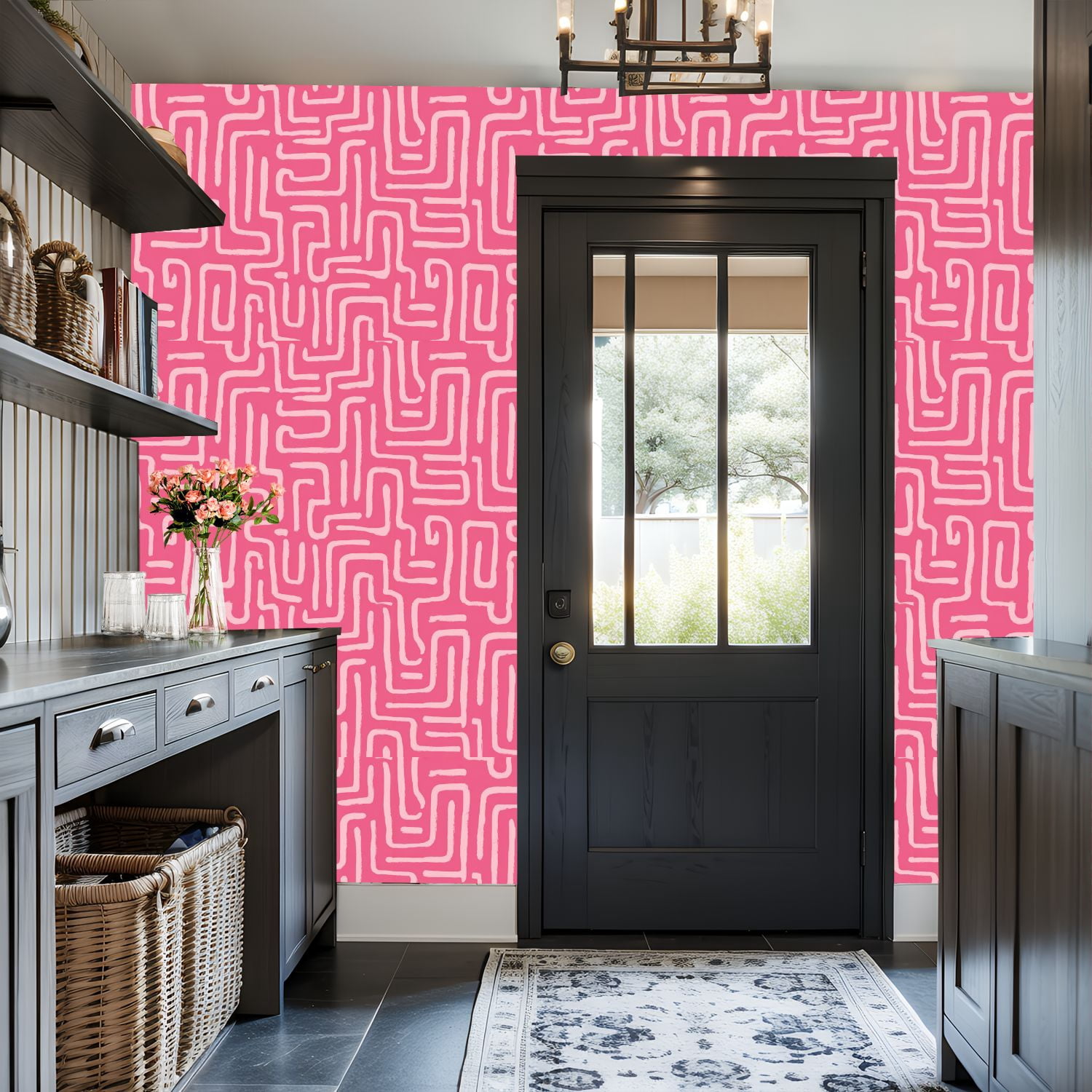 Peel and Stick Wallpaper Abstract Pink Curved Lines Wall Mural 17.7in x 9.8ft Self Adhesive Removable Wall Paper Renter Friendly Wallpaper for Nursery Bedroom Cabinets