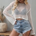 thumbnail image 4 of Defitshape Women's Long Sleeve Crochet Cover Up Shirt Short Knitwear Boat Neck Bell Sleeve See Through Fishnet Cutout Beach Summer Net Knit Crop Top White Medium, 4 of 4