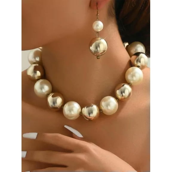 HOOUN Very Chunky Big Gold Ivory Pearl Acrylic Multi Layered Bead Necklace Earrings