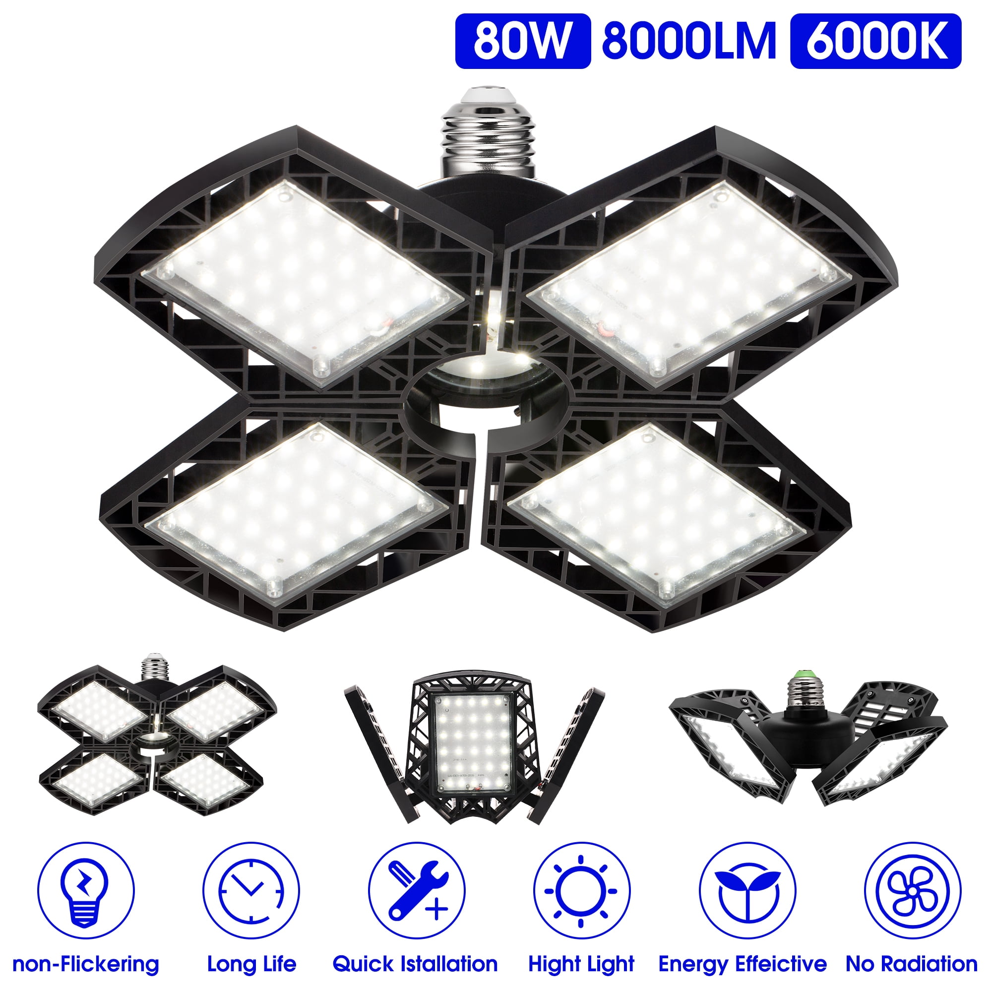 YANSUN  38W 4-Leaf E26 Garage LED Ceiling Light, 6000K Daylight, 8000LM High Brightness Deformable Fixture, for garage, workshop and storage room