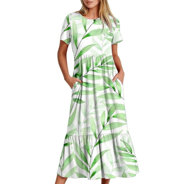 Vestido de Manga Corta para Mujeres Vestido de Verano de Cuello Redondo Impreso, Poliéster de Tamaño Verdadero Diario Y Vestido de Fiesta
