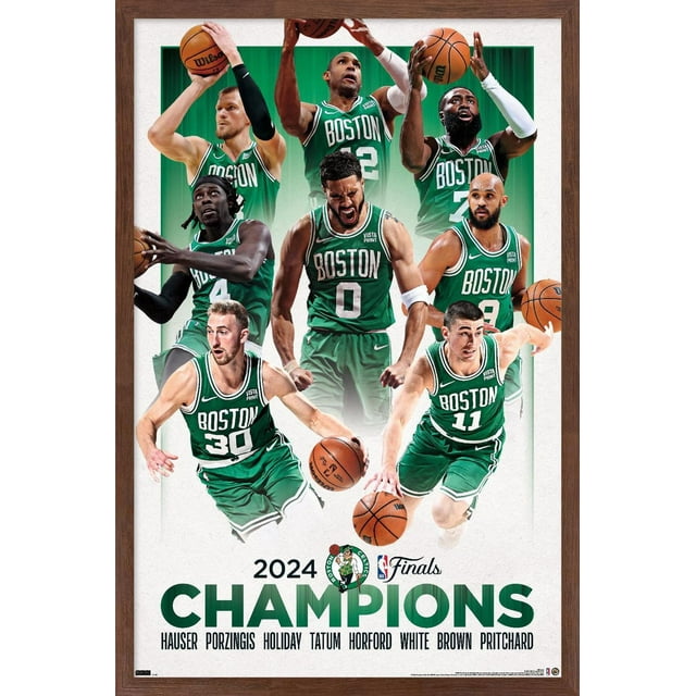 NBA Celtics de Boston - Affiche Murale des Finales NBA 2024, 22,375 Pouces x 34 Pouces Encadrée Présentant Huit Joueurs en Vert Uniformes de basketball Boston Tenant des Ballons de basketball en poses d'Action Dynamiques sur un Fond Dégradé Vert, avec Texte « 2024 Champions » et Noms des Joueurs Hauser, Porzingis, Holiday, Tatum, Horford, Blanc, Brun, Pritchard Dessous.