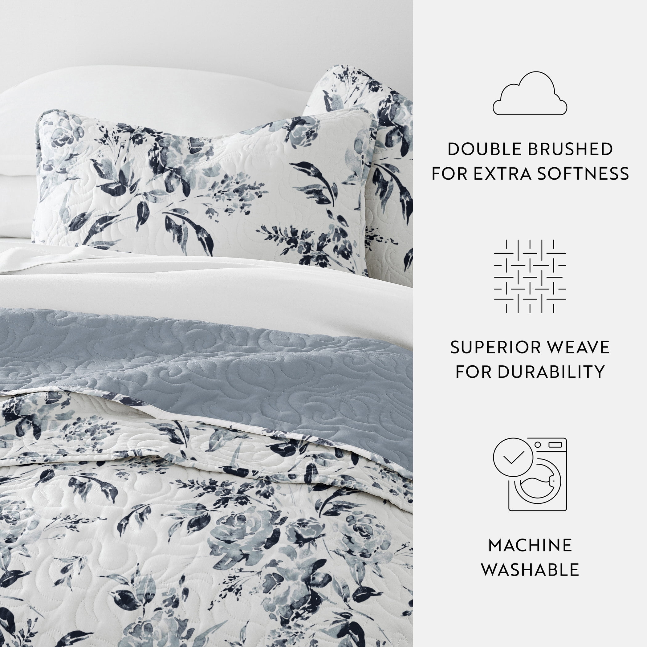 Noble Linens 3-Piece Light Blue Rose Garden Reversible Quilt Set, King