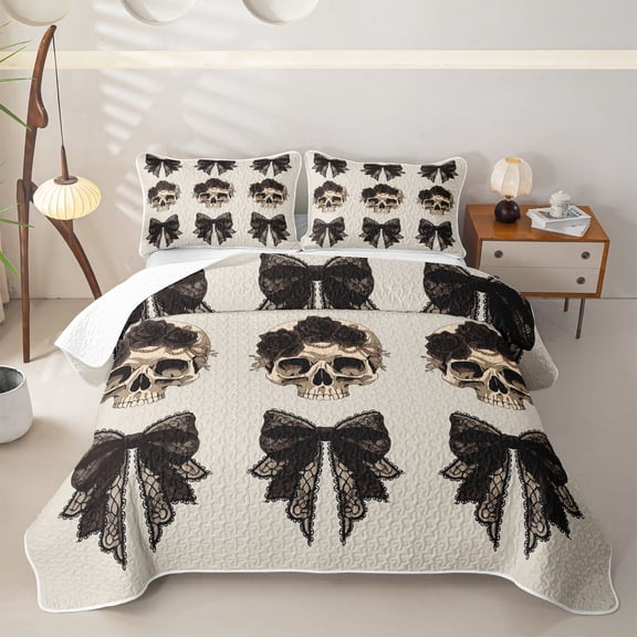 Homewish Halloween Gothic Skull Twin Quilt Set, Rose Bow Twin Coverlet Set, Beige Black, 2 Pieces 1 Bedspread and 1 Pillowcase