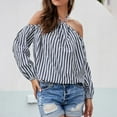 thumbnail image 2 of Jewelreauty Womens Striped Long Sleeve Shirts Casual Off the Shoulder Strap Shirts Summer Loose Blouses 2025 (S, Black), 2 of 8