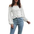 thumbnail image 1 of Women Off Shoulder Long Puff Sleeve Tops Pure Color Front Lace Up Back Shirred Blouse Shirt for Dating, 1 of 6